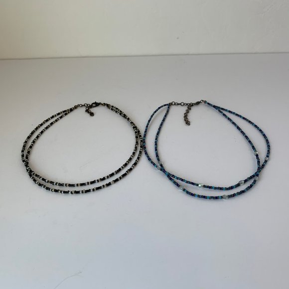 Vintage Beaded Double Layer Strand Necklaces 2 PC Set Black & Blue Beads - Picture 6 of 7